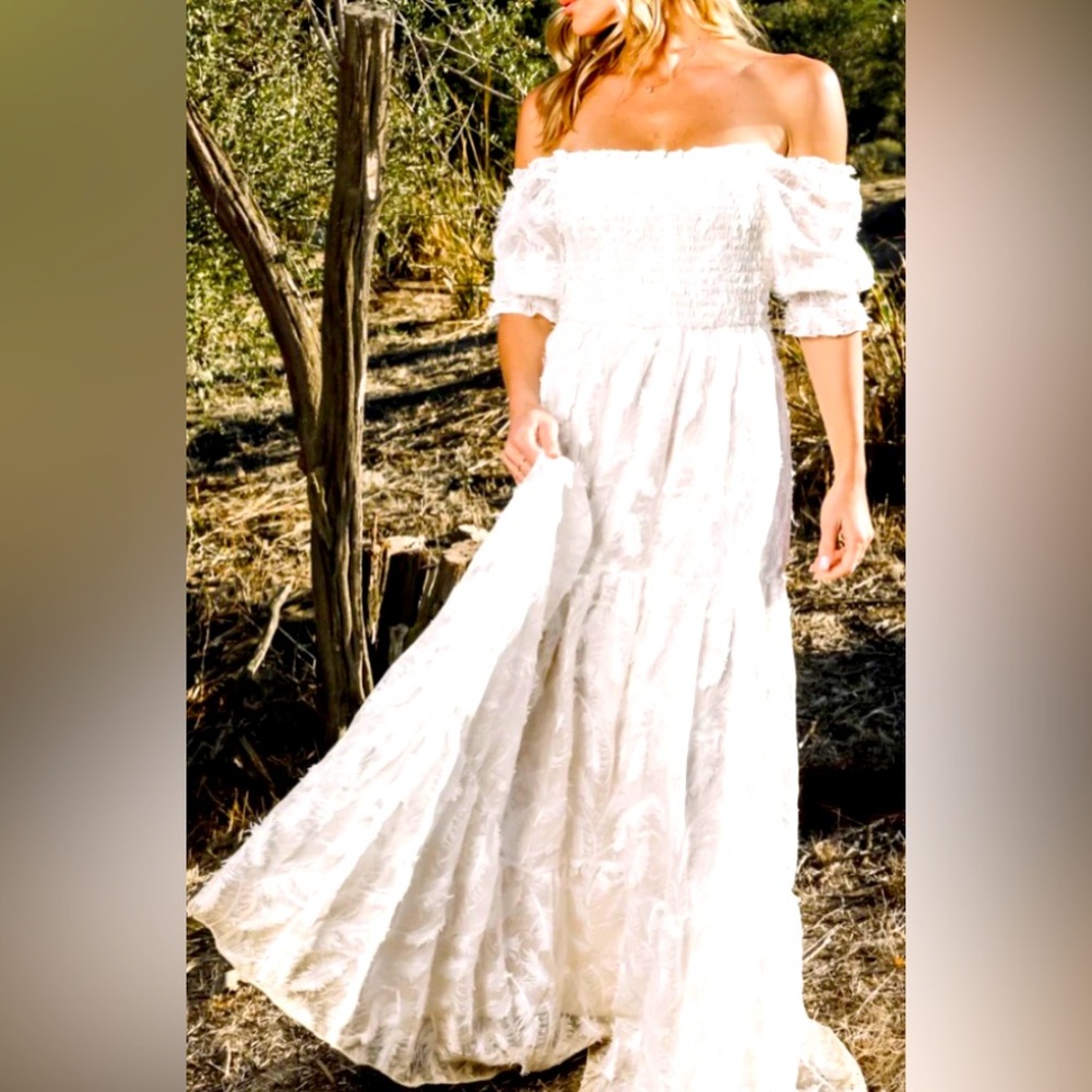 Baltic born Paloma Smocked Feather Maxi Dress XL Off White Feminine Stretch NEW